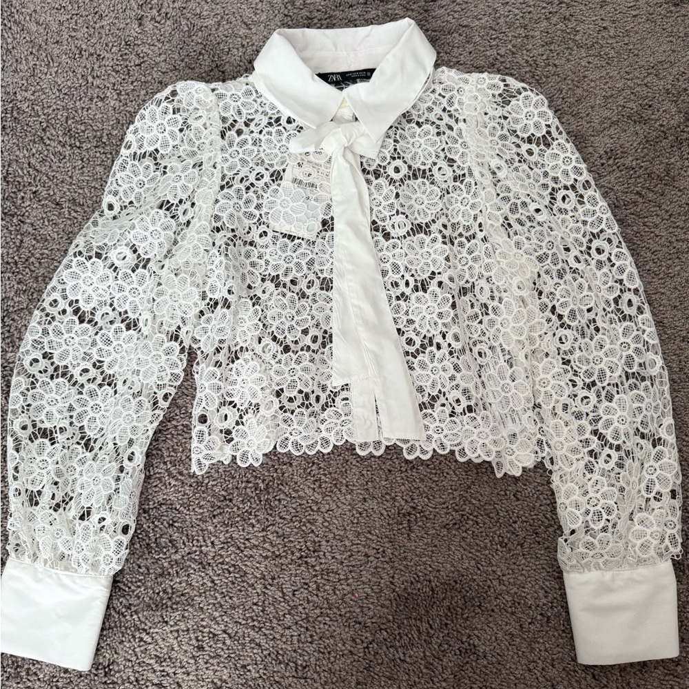 Zara White Floral Lace Tie-Bow Blouse